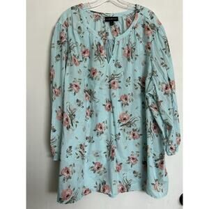 Lane Bryant Turquoise Floral Boho Peasant Top Tassel Tie Plus Size 28